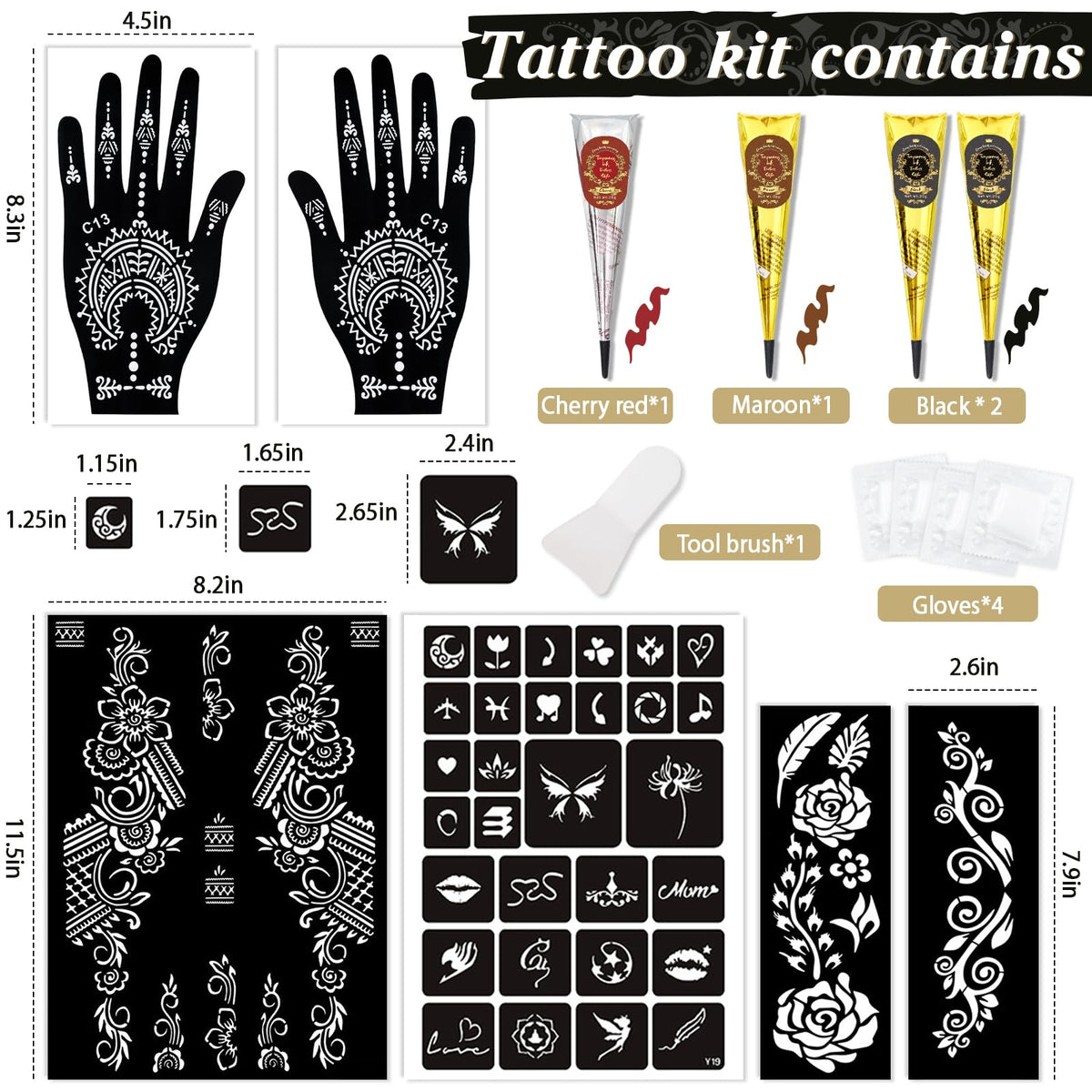 InkForge stencil sheet spread showing 34 distinct patterns for variety