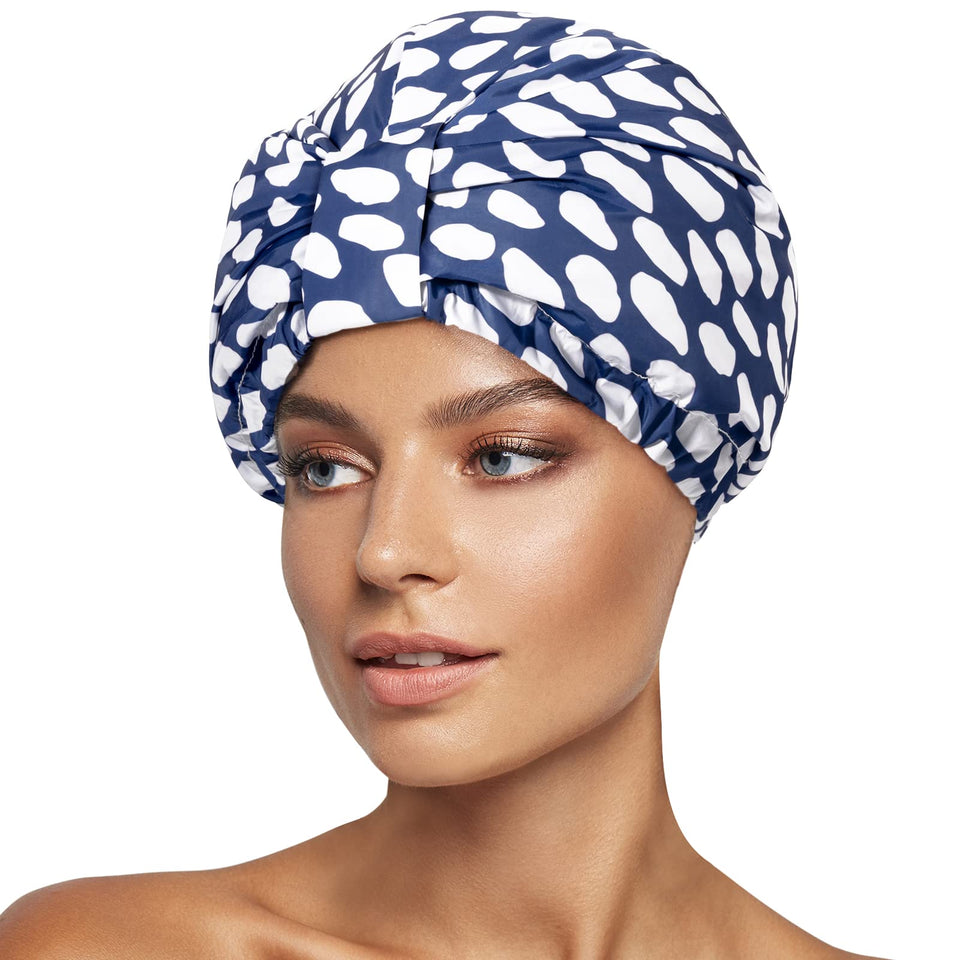 INNELO front view showing waterproof cap and vibrant blue pattern, protects hair dry