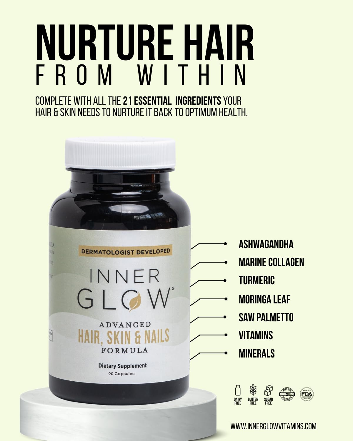 Inner Glow capsule texture macro shot showing marine collagen beads and benefit: high bioavailability
