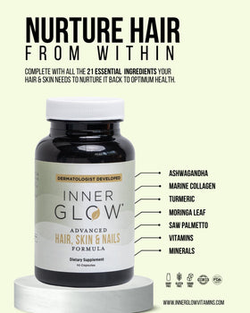 Inner Glow capsule texture macro shot showing marine collagen beads and benefit: high bioavailability