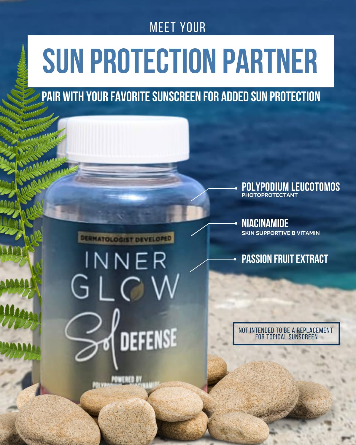 Inner Glow supplement label with ingredients list and certification icons visible