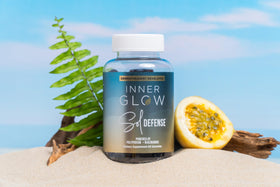 Inner Glow bottle tucked in a travel bag portraying on-the-go convenience