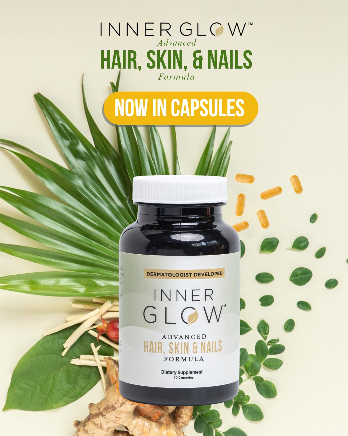 Inner Glow tablets close-up showing smooth finish and benefit: easy daily capsules