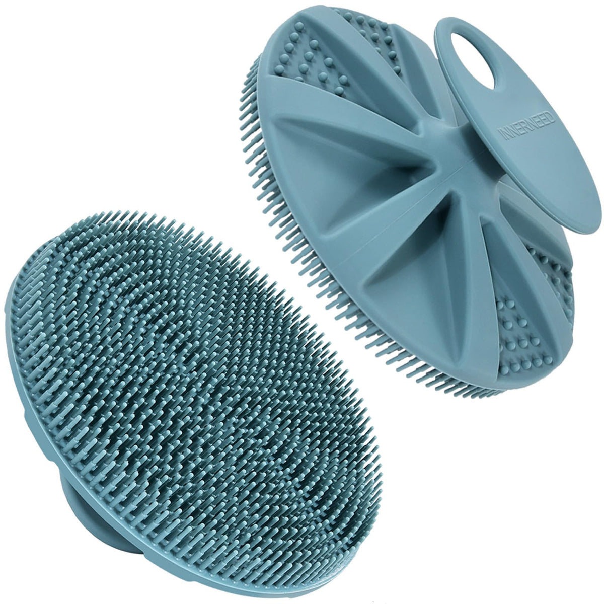 INNERNEED dark green scrubber front view showing compact design and hygiene benefit