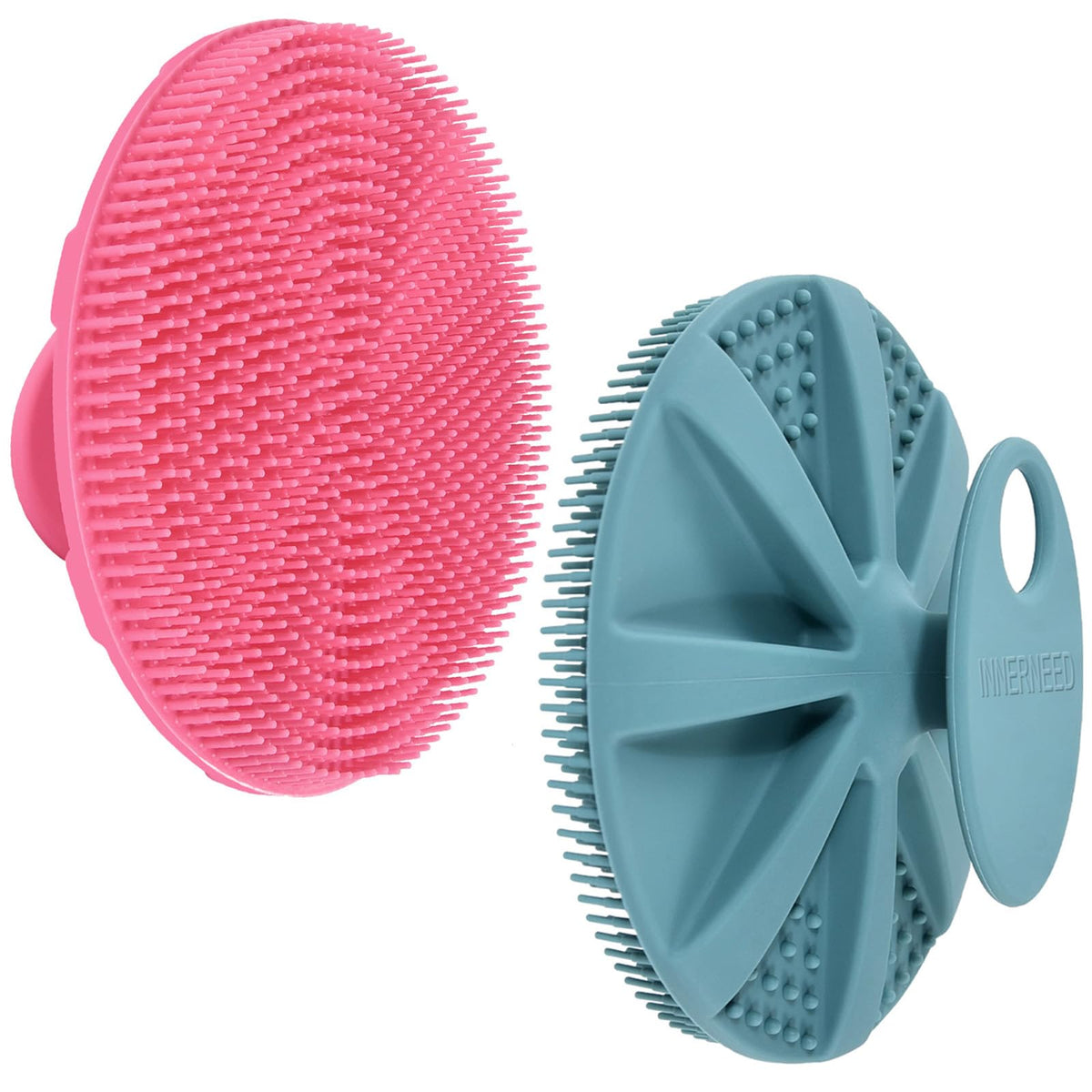 INNERNEED front view of dark green and pink silicone scrubber, hygienic cleansing benefit