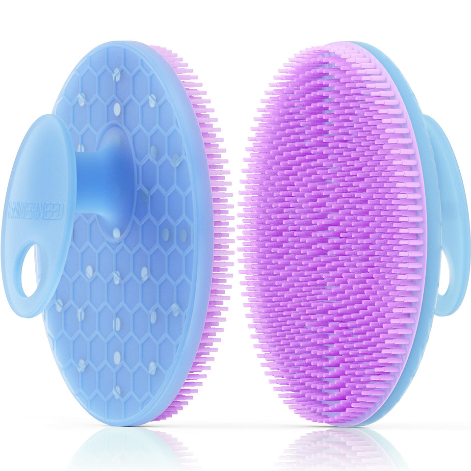INNERNEED front view of purple silicone scrubber showing shape and color, easy grip benefit