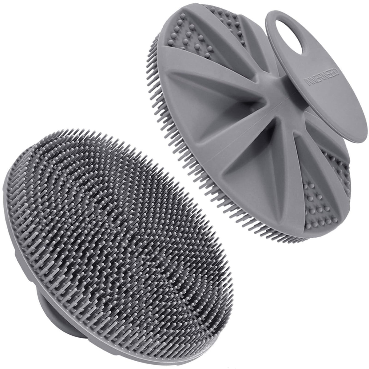INNERNEED front view gray scrubber showing shape and bristles for hygienic feel