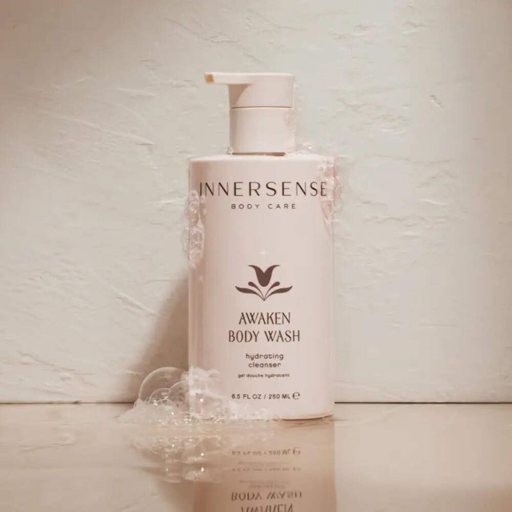 INNERSENSE in-shower use showing how the cleanser lathers and rinses clean