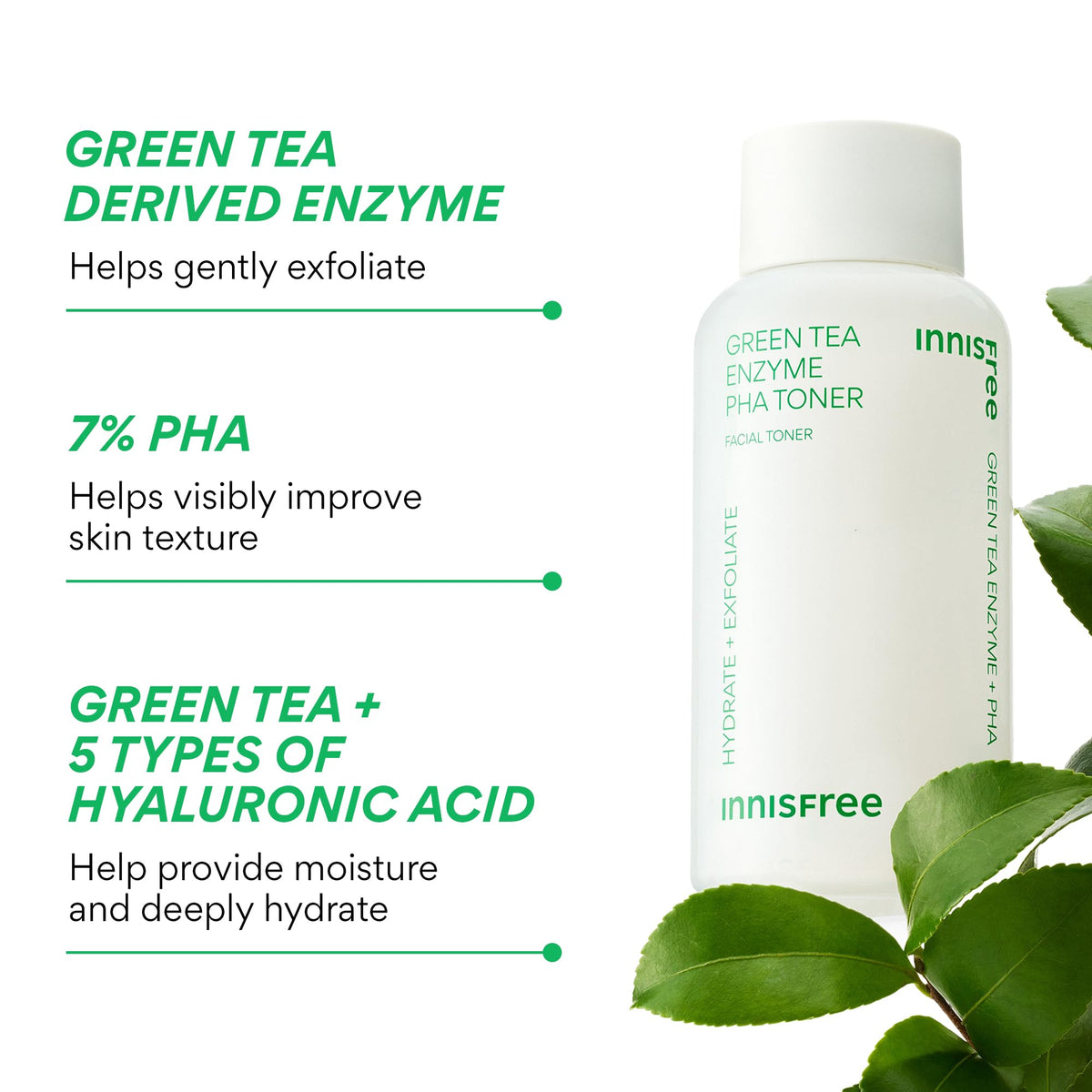 innisfree bottle beside green tea leaves highlighting botanical enzyme soothing benefit