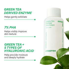 innisfree bottle beside green tea leaves highlighting botanical enzyme soothing benefit