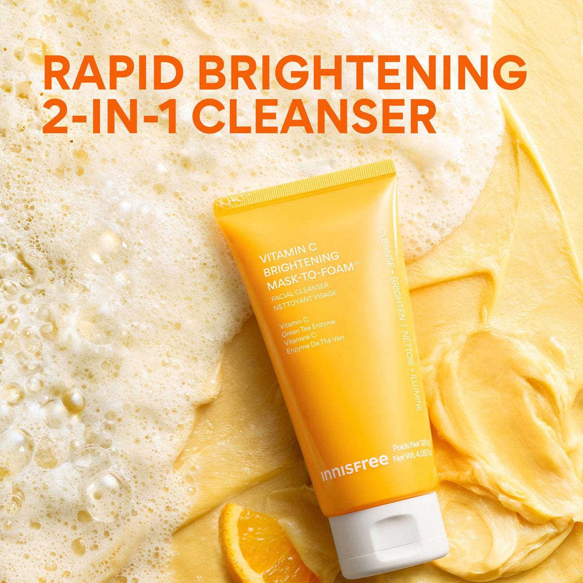 innisfree tube beside green tea and tangerine illustrating key ingredients