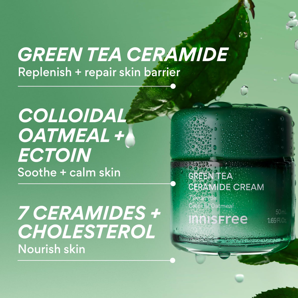 innisfree label close-up explaining seven ceramides for barrier repair benefit
