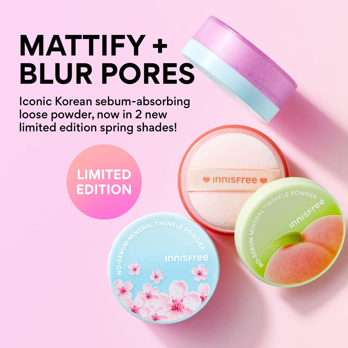 innisfree open jar with included puff demonstrating easy touch-up convenience