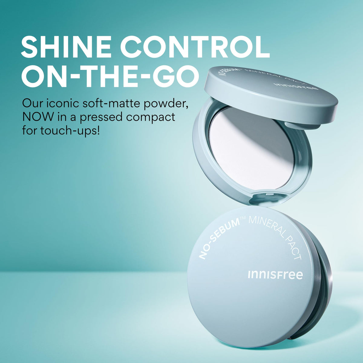 innisfree compact opened to reveal puff and powder for mess-free application