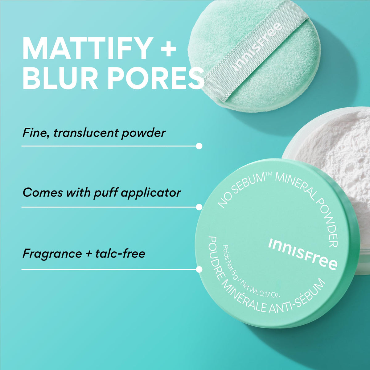 innisfree close-up of translucent powder texture, highlights fine mineral finish