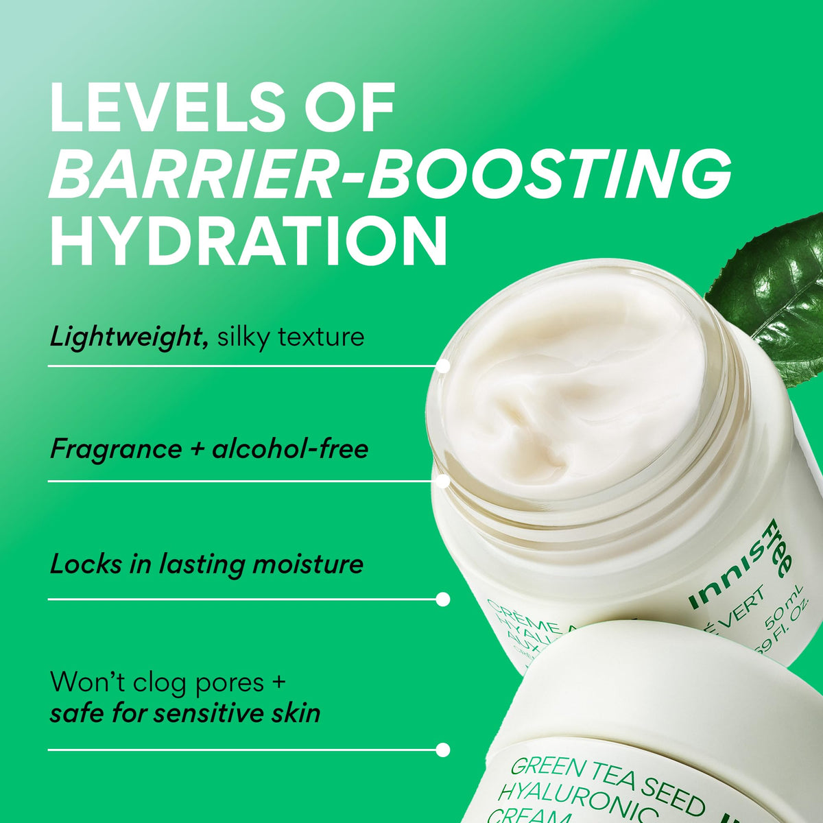 innisfree open cream texture closeup illustrating silky, lightweight finish