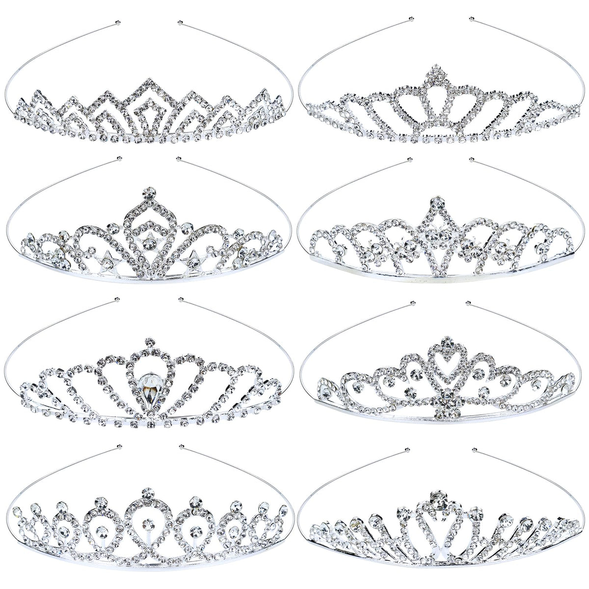inSowni front view of eight silver tiaras showing matched set and presentation benefits