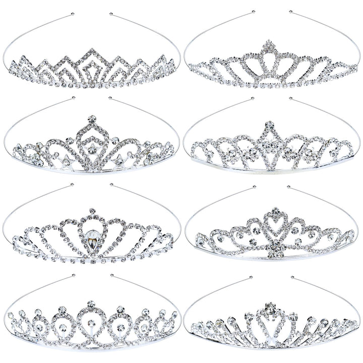 inSowni front view of eight silver tiaras showing matched set and presentation benefits