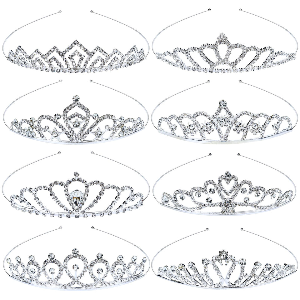 inSowni front view of eight silver tiaras showing matched set and presentation benefits