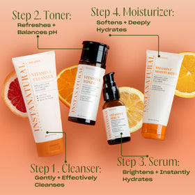 InstaNatural bottle staged on bathroom vanity, illustrating everyday skincare routine use