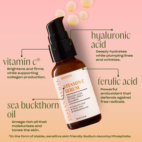 InstaNatural key ingredients flatlay with Vitamin C and sea buckthorn, emphasizing antioxidant nourishment