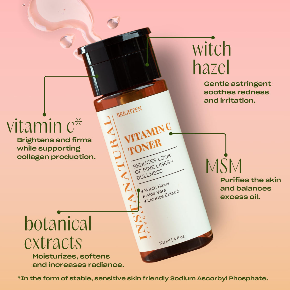 InstaNatural ingredients flatlay displays witch hazel and botanicals