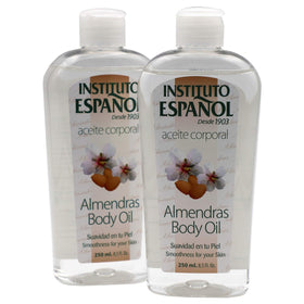 Instituto Español front view of two almond oil bottles showing packaging and size benefits