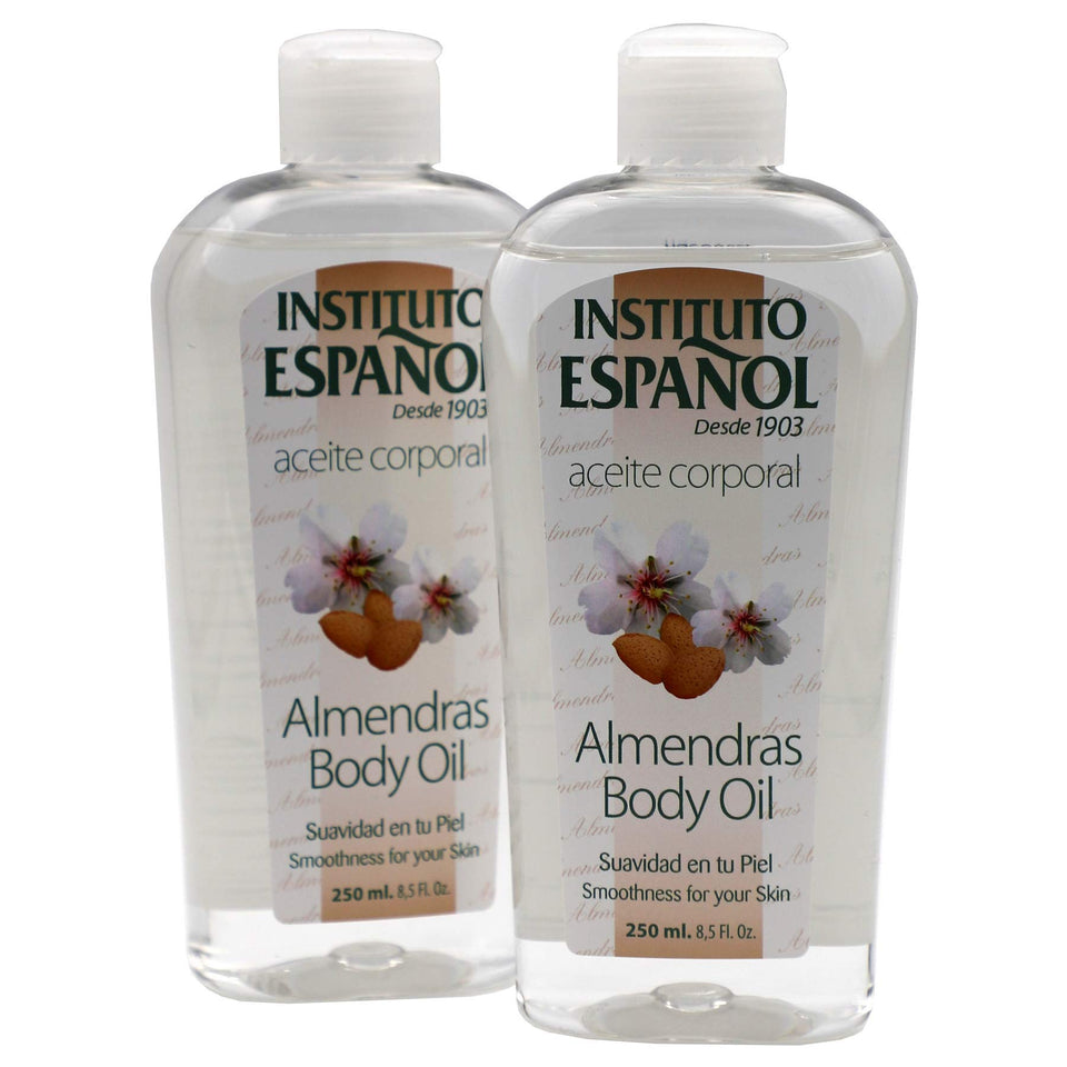 Instituto Español front view of two almond oil bottles showing packaging and size benefits