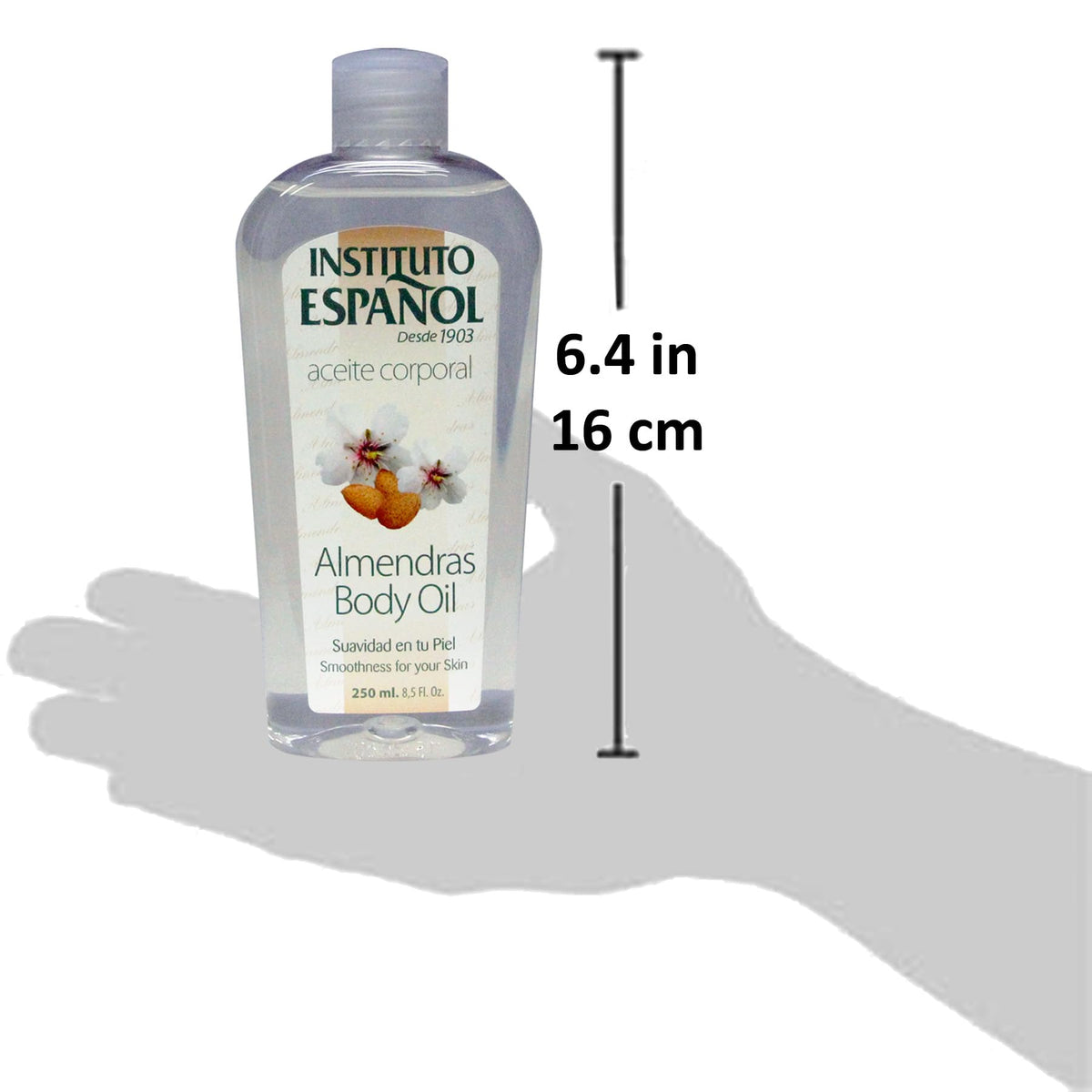 Instituto Español close-up almond oil drop demonstrating silky texture and quick absorption