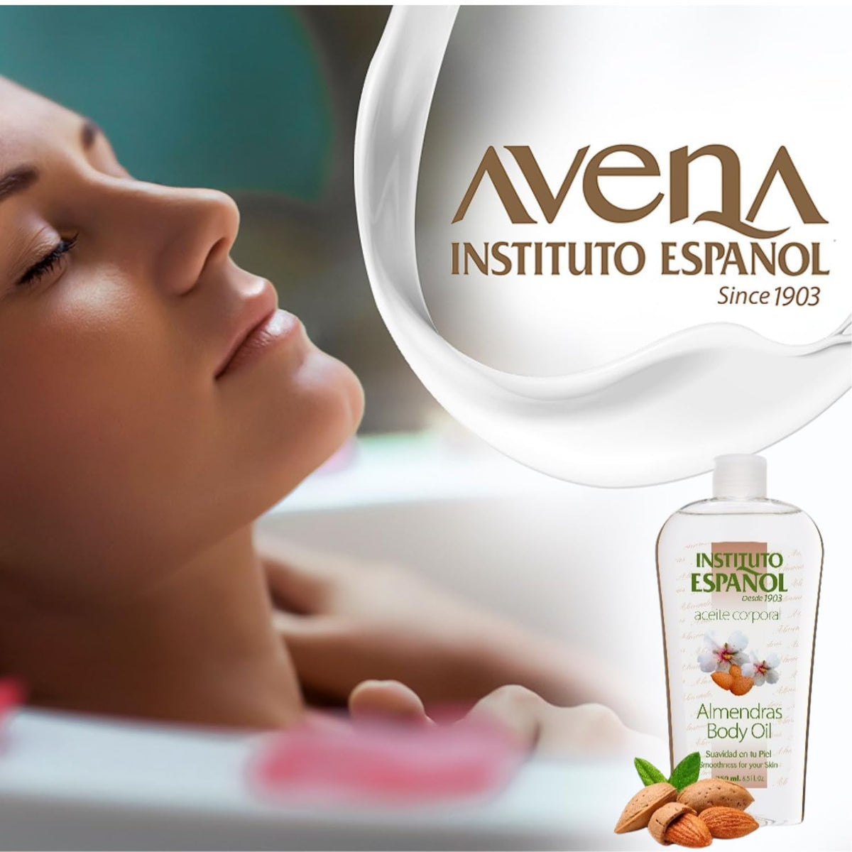Instituto Español pouring almond oil into hand to show spreadability and moisturization benefit