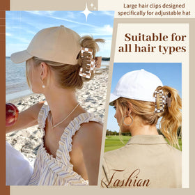 Interesse clip securing hair at back of a trucker hat for stable fit