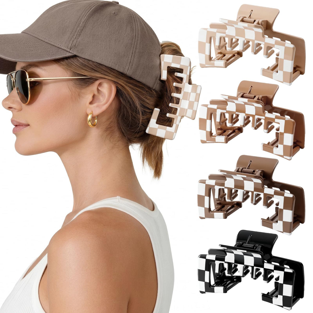 Interesse front packaging showing four checkered hat claw clips and value set