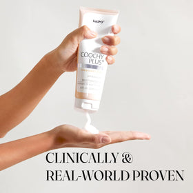 IntiMD on bathroom vanity with daily grooming items for lifestyle context