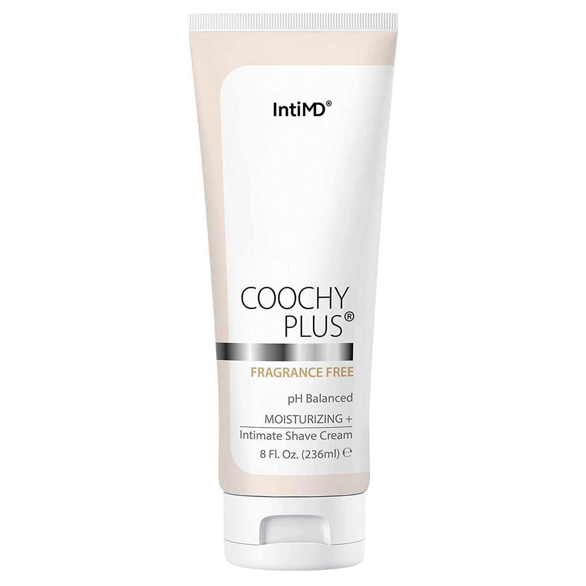 IntiMD Coochy Plus front tube showing label and 8oz size for gentle shave