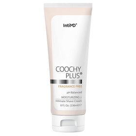 IntiMD Coochy Plus front tube showing label and 8oz size for gentle shave