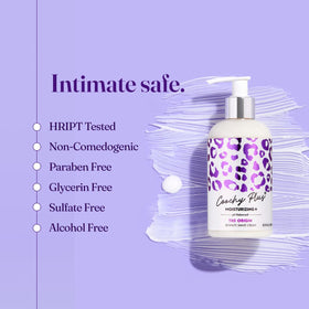 Flatlay of IntiMD Coochy Plus with jojoba, avocado, aloe illustrating natural moisturizing ingredients