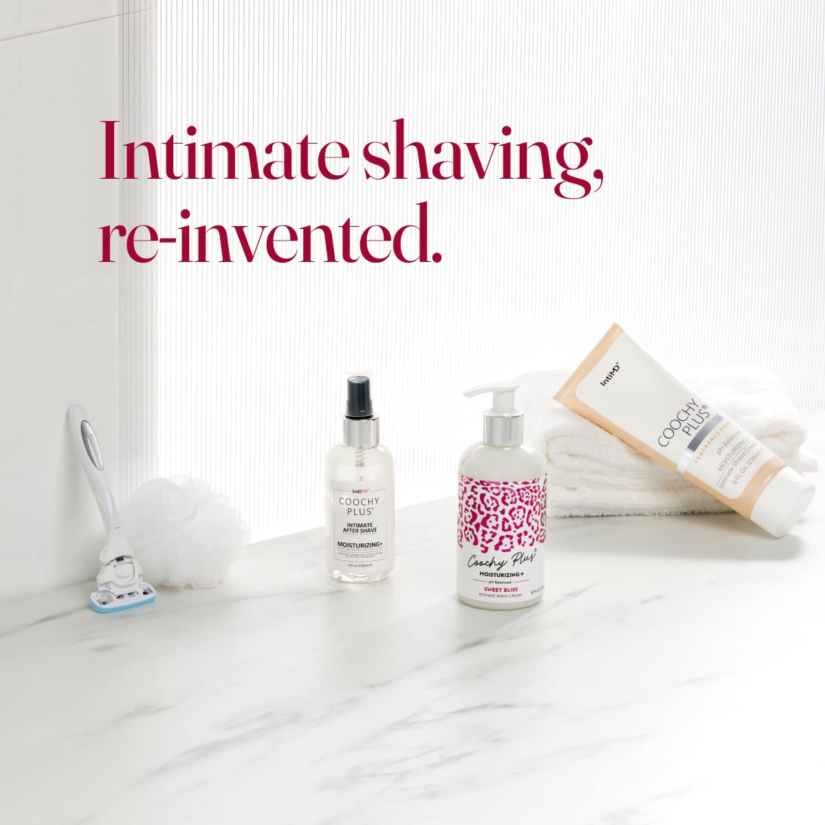 IntiMD kit staged in bathroom lifestyle scene showing ritual-ready grooming comfort