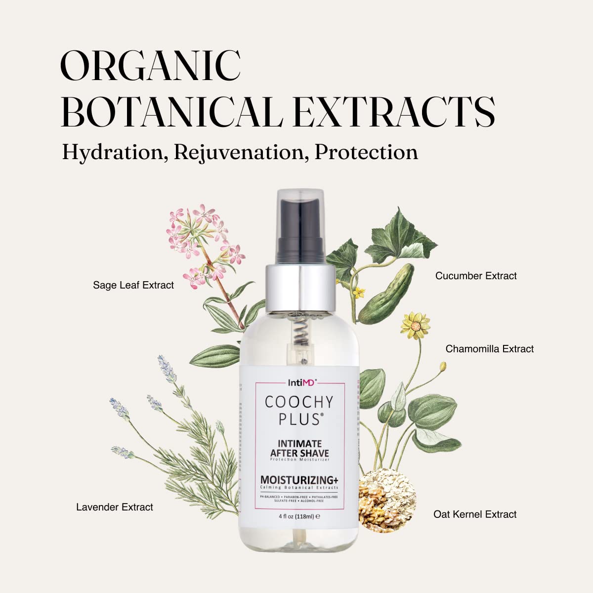 IntiMD after-shave mist bottle closeup emphasizing soothing antioxidant protection
