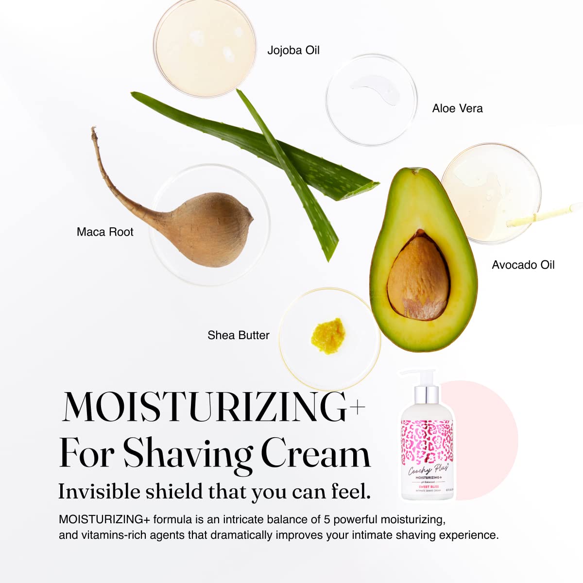 IntiMD close-up of shave cream texture illustrating rich hydration and smooth glide