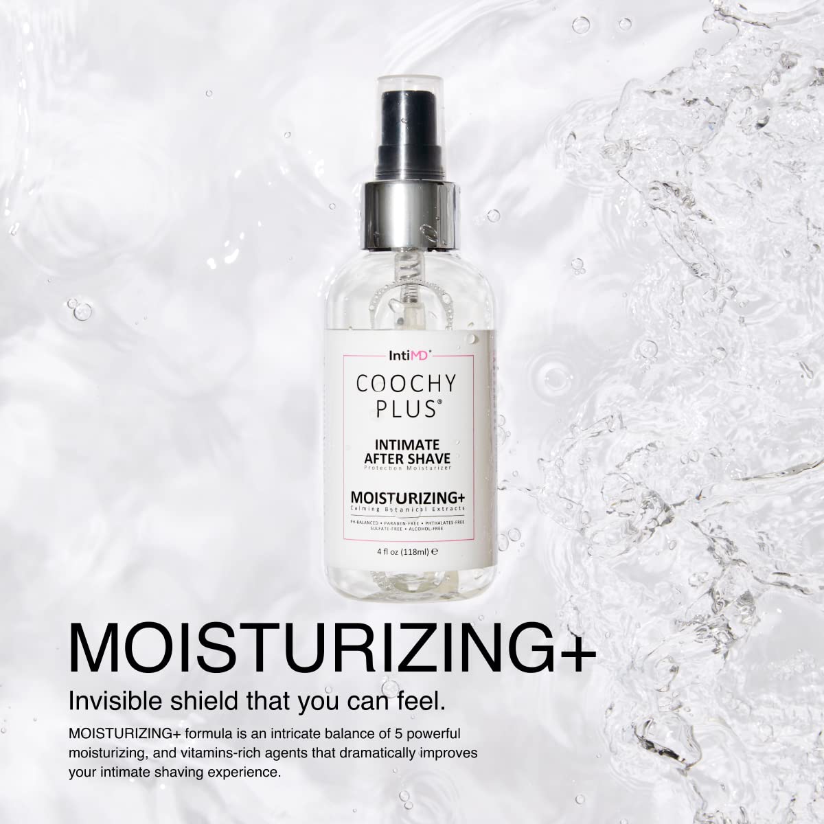 IntiMD COOCHY lightweight mist texture close-up with fast-absorbing benefit