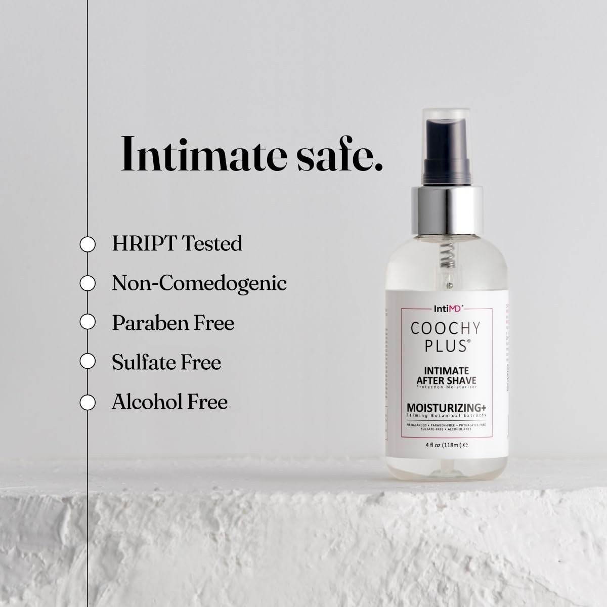 IntiMD COOCHY being sprayed on bikini line to reduce irritation and soothe