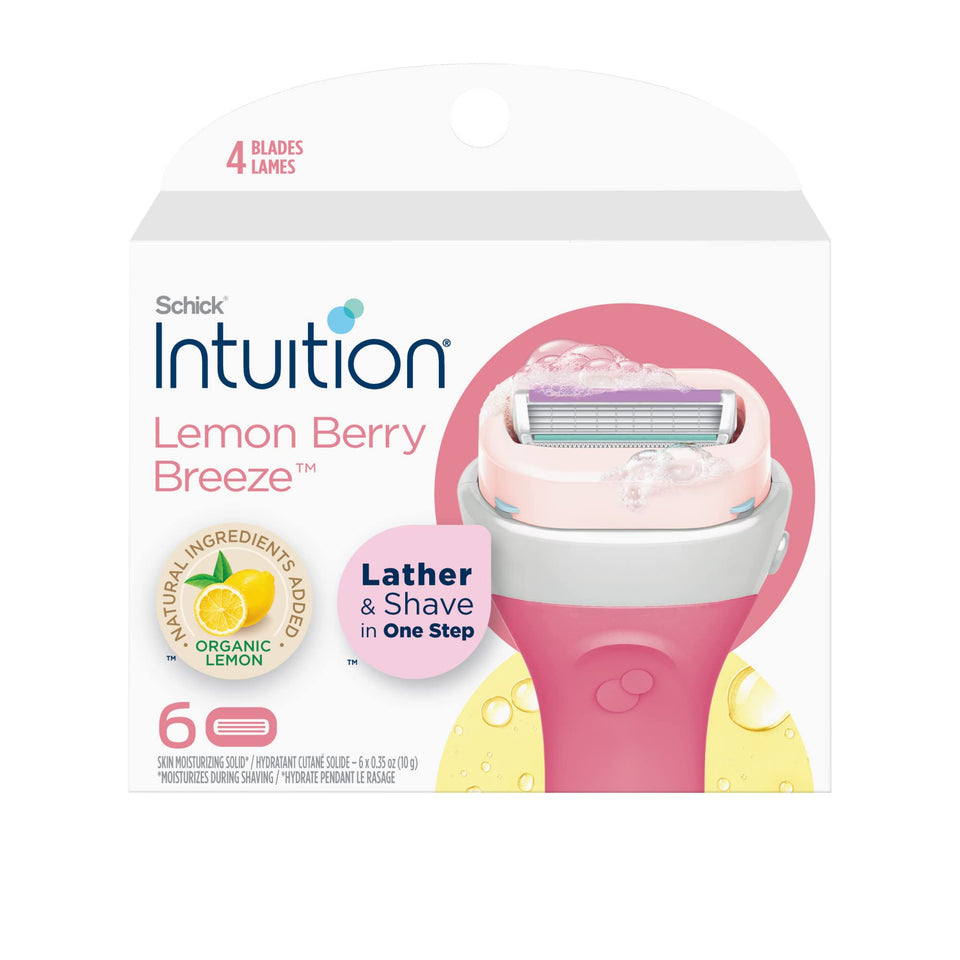 INTUITION front packaging showing six Lemon Berry Breeze refills and convenience