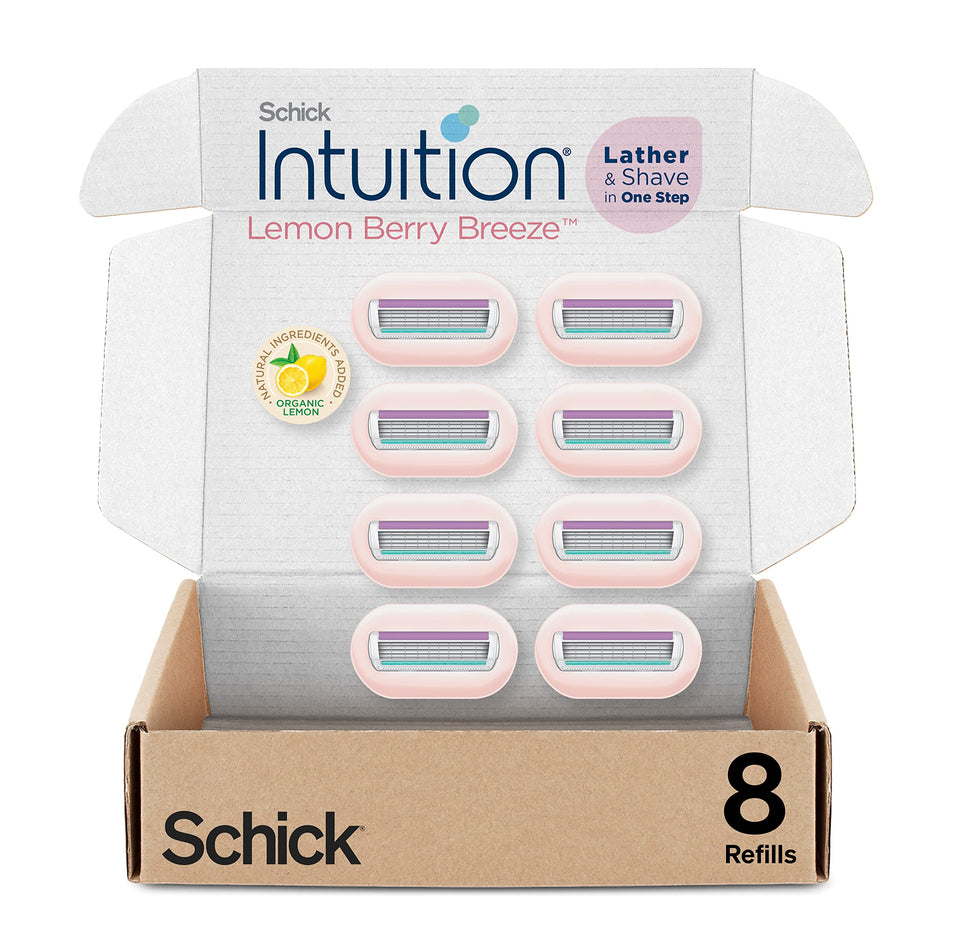 INTUITION front pack view showing eight cartridges and fresh lemon scent benefit