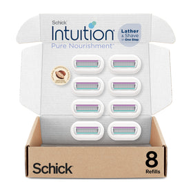INTUITION front packaging showing eight razor refills and convenience