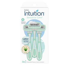 INTUITION front packaging showing 3-count razors and benefits