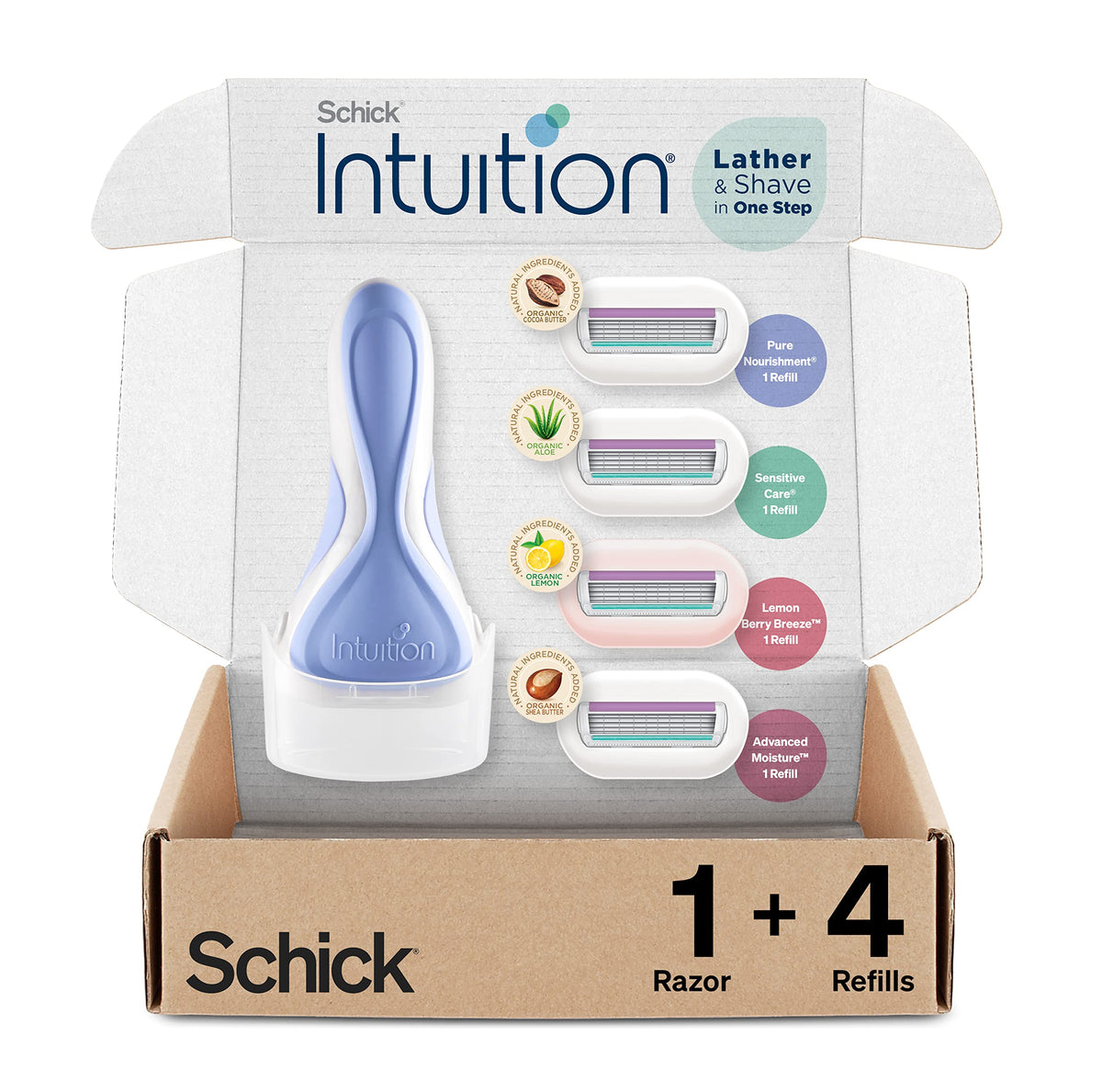 INTUITION front packaging showing handle and four refill cartridges for convenience