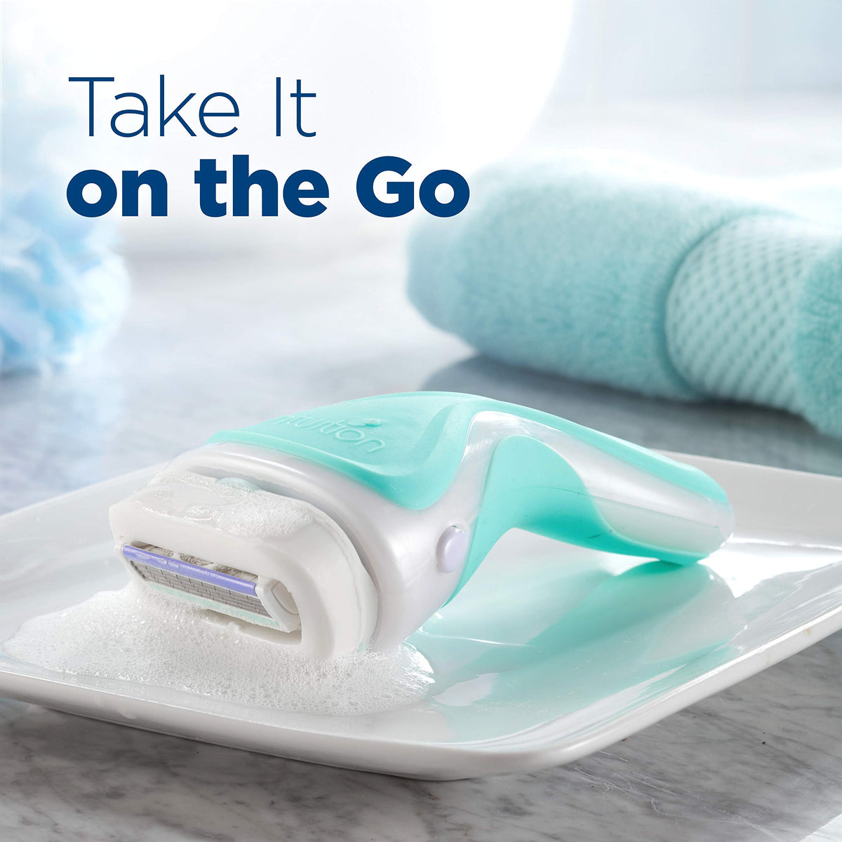 INTUITION lifestyle bathroom scene demonstrating quick lather-and-shave routine