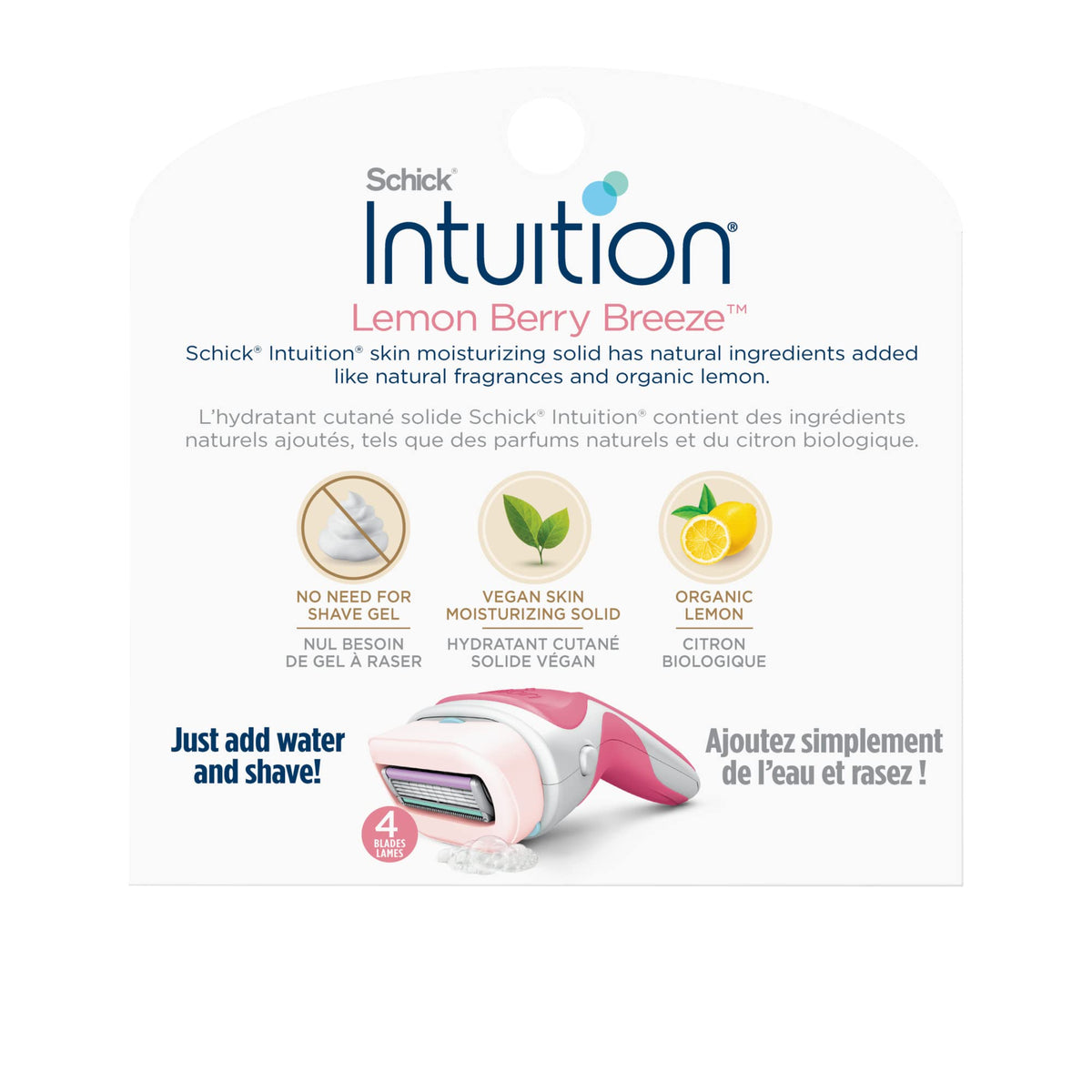 INTUITION refills on bathroom shelf suggesting tidy travel and quick shave