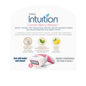 INTUITION refills on bathroom shelf suggesting tidy travel and quick shave