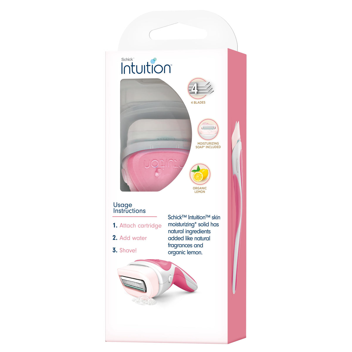 INTUITION Schick close-up of four blades and pivoting head for smoother glide